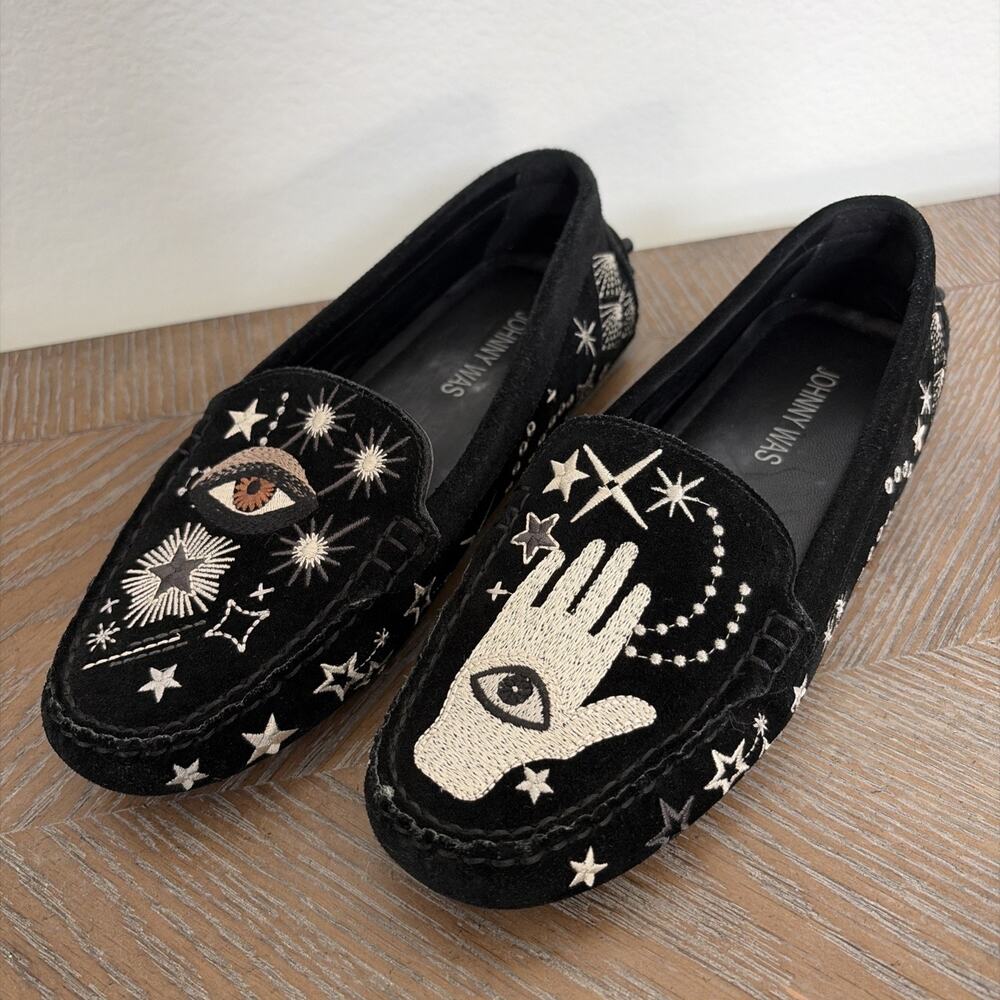 Johnny Was Black and White Embroidered Moccasins